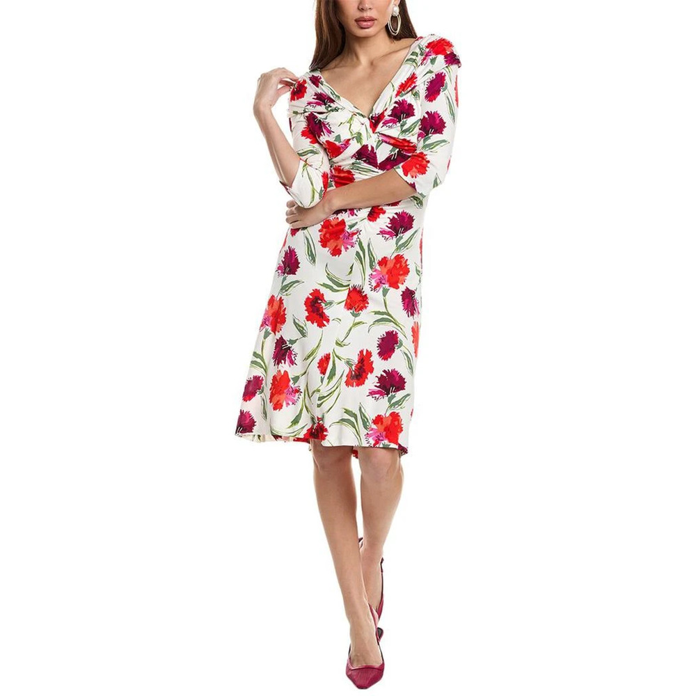 Diane von Furstenberg Jim Floral Jersey Knee Length Sheath Dress White/Red S